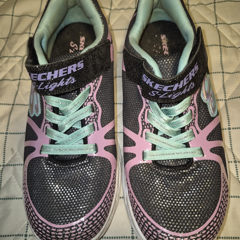 Skechers Kids' S-Lights Black and Pink Sneakers